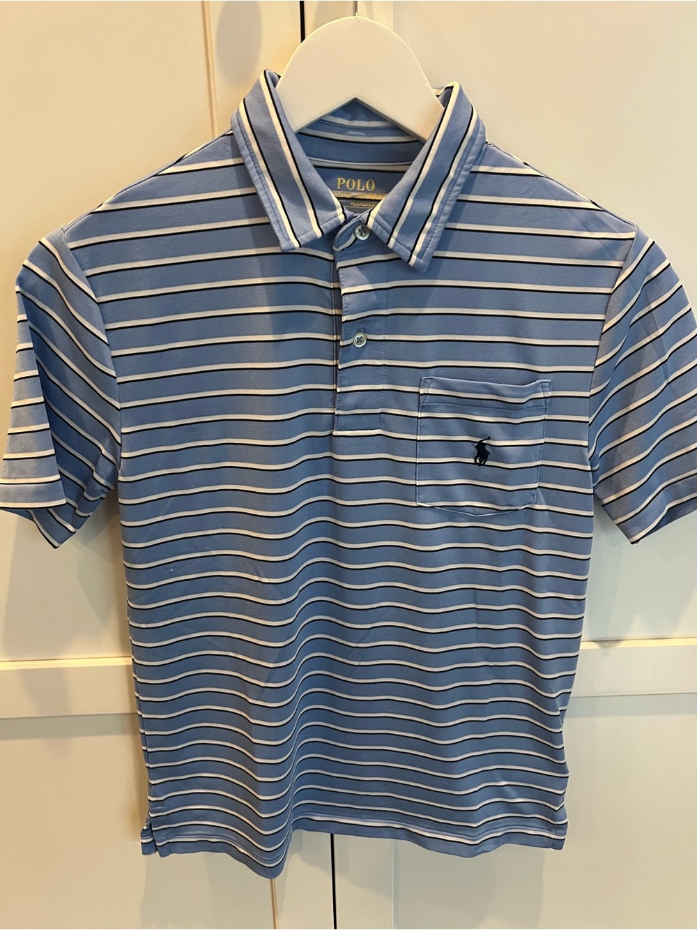 Polo by Ralph Lauren Light Blue & White Boys Striped Polo with Chest Pocket